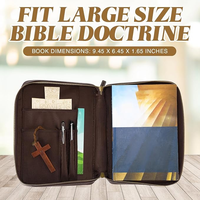 Top Grain Leather Bible Cover for Men Women Buffalo Genuine Leather Bible Case Book Holder Bag with Zipper Handle Back Pocket Bookmark Father's Day Religious Gift(Dark Brown,Large,Classic)