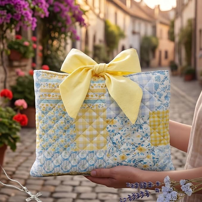 Honoson Quilted Bow Bible Sleeve Cover Case Padded Protector Washable Bible Bag Pouch Christian Gift for Women Girls Book Lover Gifts (Blue Yellow Patchwork)