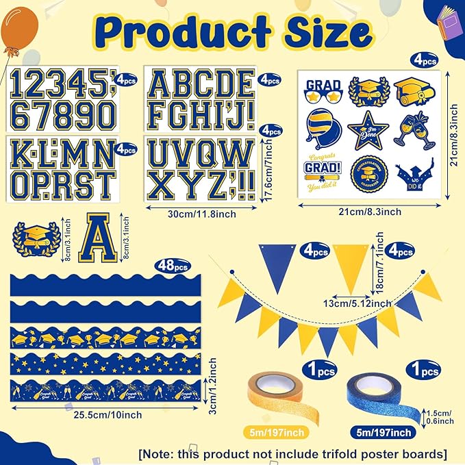 31 Pcs Graduation Photo Poster Board Decor Set Include 28 Sheets Graduation Themed Stickers 2 Rolls Picture Frame Tape 1 PC Banner for 2026 Grad Party College Board Photo Frame Decor(Blue)