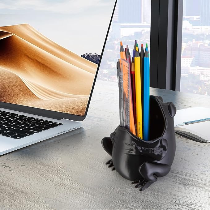 Cute Frog Pen Holder, Frog figurine Pencil Holder for Office Desk Decor, 3D Printed, Grey, Durable and Fun Gift Idea