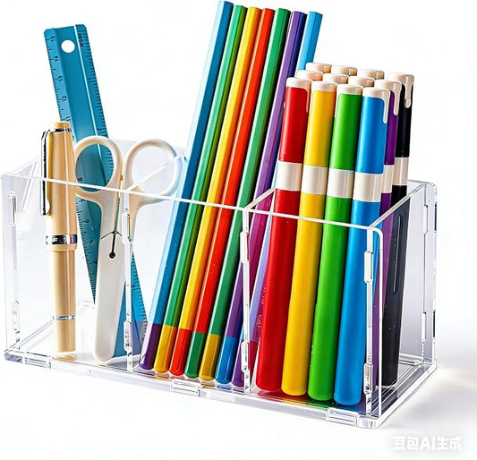 Clear Acrylic Desk Organizer, Premium pencil holder for desk 3 Slot Desktop Pen Holder Caddy for Makeup Organizer for Office, Bedroom, Bathroom & Kitchen (1, CLEAR)