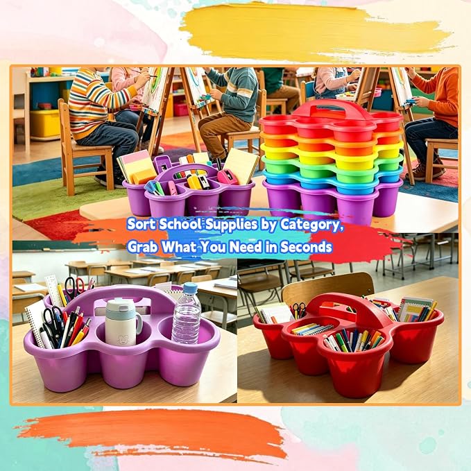 6 Pack Classroom Caddy Organizer with Handle Multicolor Plastic Table Caddy 6 Compartments Storage Cup Holder for School Supplies Art Crafts Crayons Pencils Stackable Desk Caddy for Office