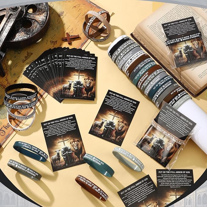 Wavwavw 60 Sets Put on The Full Armor of God Gifts Bulk Christian Pastor Bible Verse Wristband Bracelets Bookmarks Templar Knight Religious Supplies for Sunday School (Multicolor)