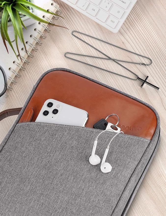 heouvo Bible Covers for Men, Bible Carrying Case with Pockets/Leather Handle, Multi-Functional Large Size Zippered Bible Bag, Great for Bible Study/Daily Use, Bible Case for Men (Gray)