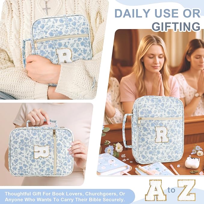 Personalized Initial Bible Cover Case for Women Girls Kid - Large Quilted Bible Case with Handle, Stylish Chenille Letter Bag Study Supplies, Perfect Christmas Gifts for Christians (Blue Flower-R)