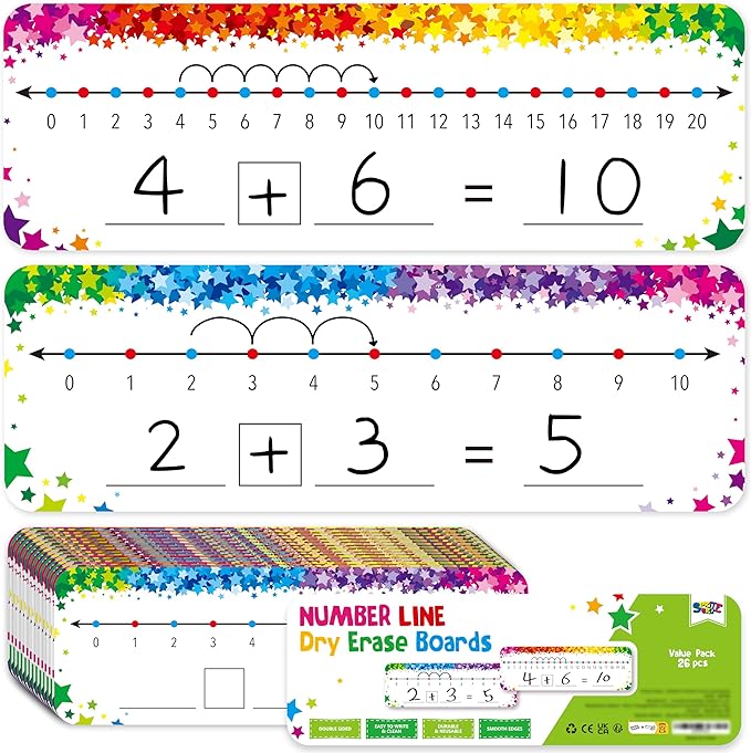 26 PCS Number Line Dry Erase Boards, Writable and Erasable Double Sided Board-0-10 on One Side & 0-20 on Other Side Math White Board for Kids, Students, Classroom and Home (12” x 4”, Colorful Stars)