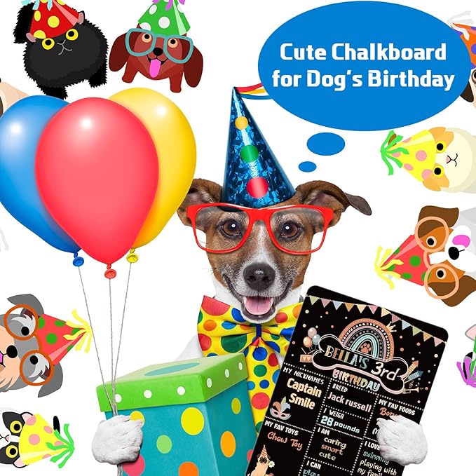 Tiamon Dog Birthday Chalkboard Boho Themed Dog Birthday Photo Props Rainbow Pet Milestone Chalkboard Sign for Party Supplies Double Sided Reusable Erasable 14 x 10 Inch