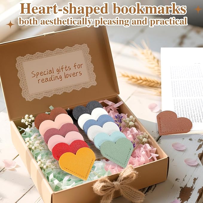 36 Pcs Leather Heart Bookmarks - 12 Colors Cute Corner Page Book Marks for Women, Students, Teachers, Book Lovers, Reading Accessories, Unique Gifts for Readers (3 of Each Color)