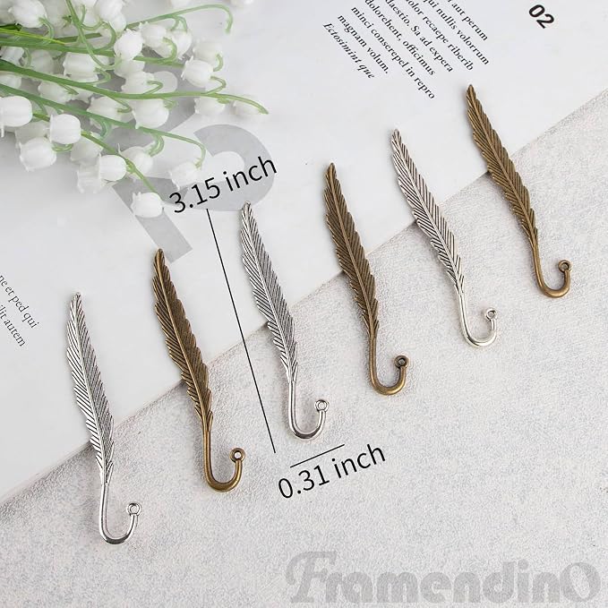 Framendino, 30 Pack Vintage Metal Feather Bookmarks Hairpin Hook Charms Pendant