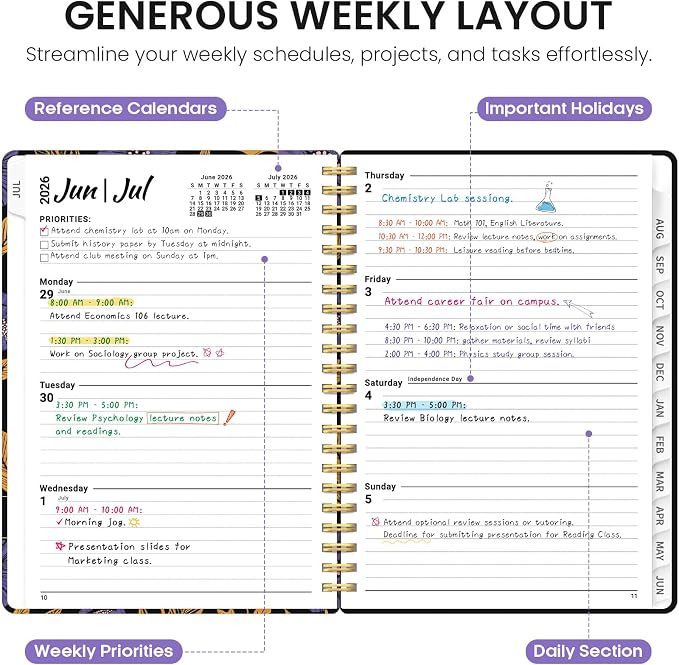 Planner 2026–2027, Weekly & Monthly Academic Organizer for School Year, Jul 2026–Jun 2027, Hardcover Planner with Tabs, Back to School Essential, 6.3" x 8.5", Nocturne Blooms