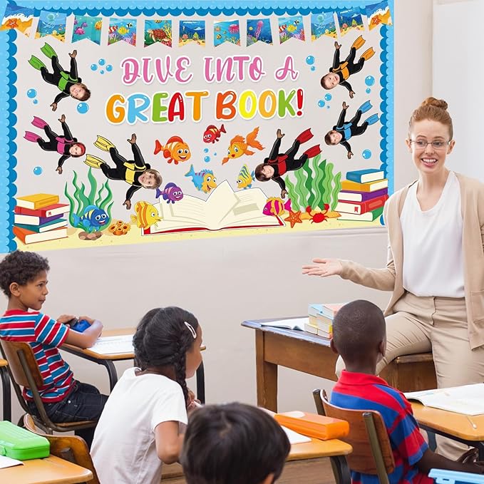 Summer Ocean Bulletin Board Decorations Set Get Dive into a Great Book Reading Theme Classroom Paper Cutouts Under The Sea Marine Fish Bulletin Board Decor for Back to School Teacher Chalkboard Wall