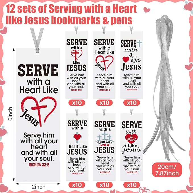 Dispowreath 60 Pcs Serving with a Heart Like Jesus Bookmarks Religious Joshua 22: 5 Bookmarks Church Exchange Gifts for Men & Women Sunday School Vbs Church Prizes Party Favors