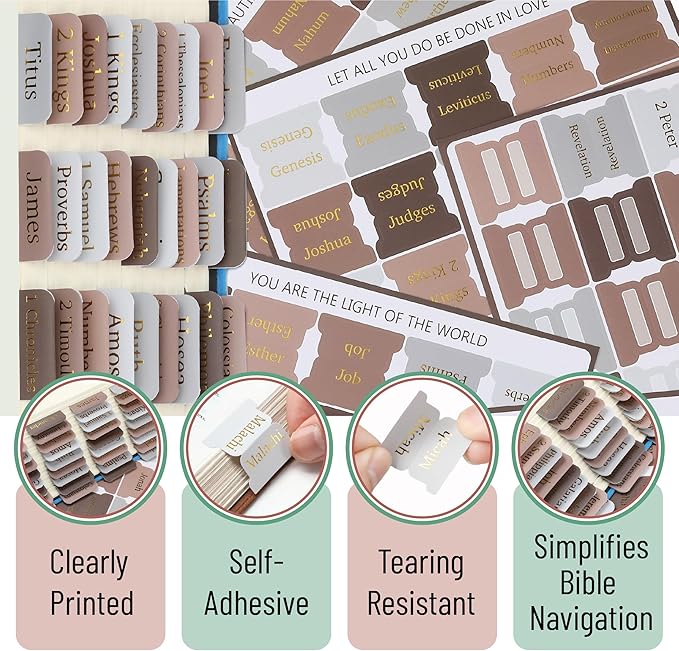 Mr. Pen- Bible Tabs, 75 pcs, Warm Mocha, Gold Foil Embossed Lettering, Laminated Bible Tabs for Women and Men