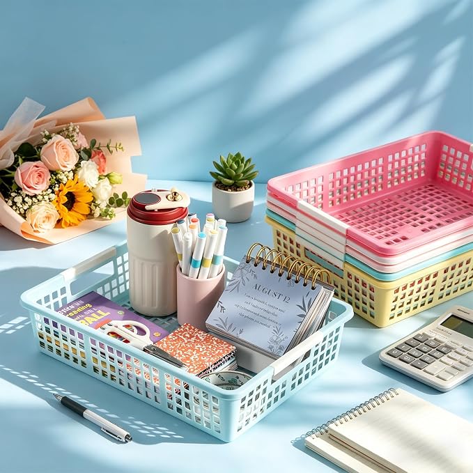 6 PCS Plastic Classroom Turn in Paper Trays Storage Bin Basket Organizers Holds 4A Paper File for School Teacher Supplies Classroom Office Home Organization and Storage Tray (Macarons)