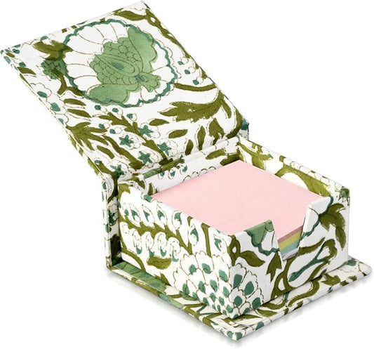 CPC Agate Green Block Print Cotton Desk Organizer Sticky Note Holder, 4'' X 4'' X 2'' Cute, Aesthetic, Decor Accessories, Workspace Organizers, Caddy Storage, Gift for Office, Professionals, Student