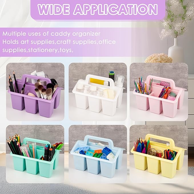 Plastic Caddy With Handle,Protable Classroom Craft Caddy, 6-pack Storage Caddy For Pencil,Pen,Craft Tools (Pastel Color)