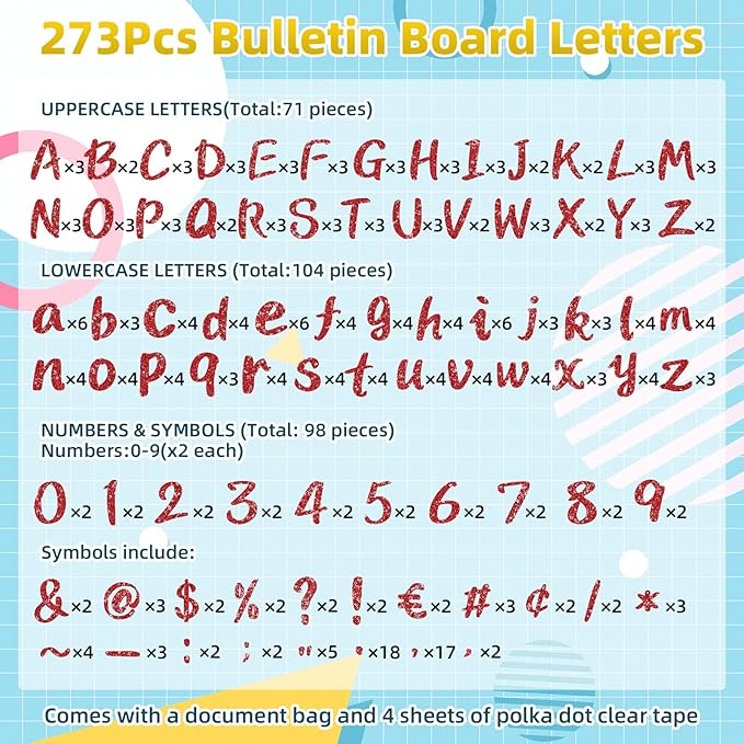 273 Pcs 4 Inch Glitter Bulletin Board Letters Set - Poster Board Letter Cutouts with Alphabet, Symbols, Numbers, Storage Bag - Classroom Decor, DIY Projects, Teacher Supplies, Office (Red)