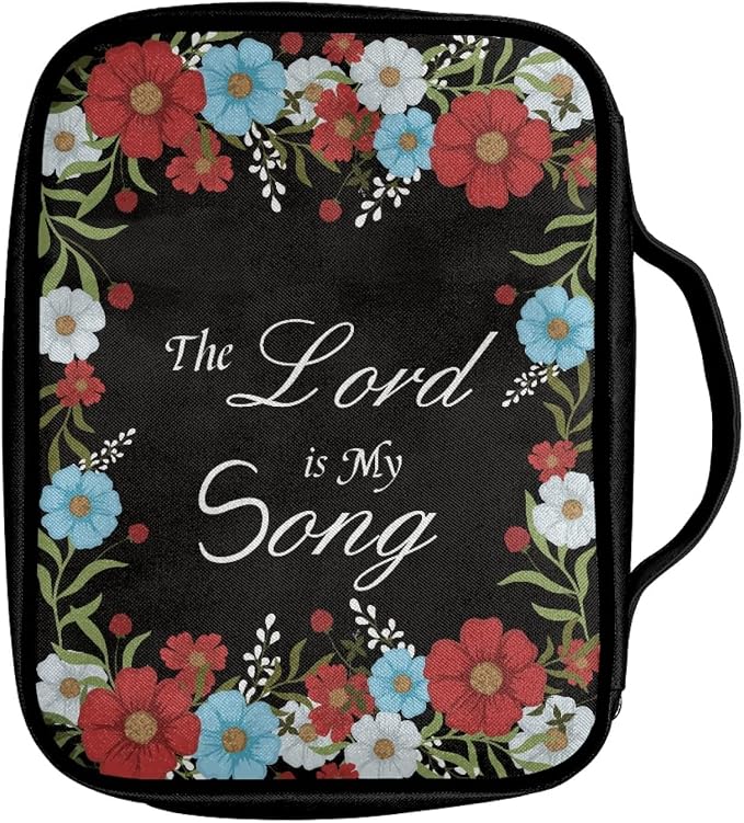Coldinair Red Blue Floral Print Bible Covers Bag for Women Teens Kids,Carrying Book Case Church Bag Bible Holder with Handle and Zippered Pocket,Black