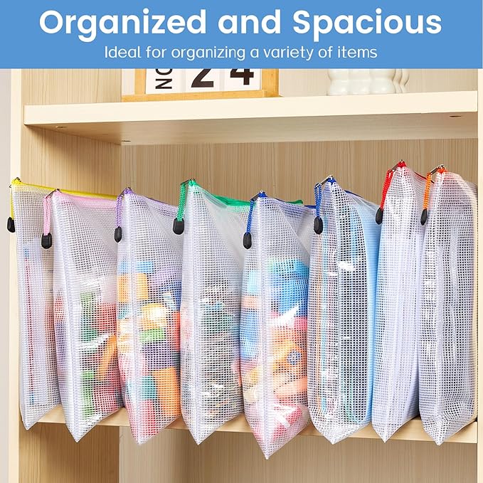 Sooez 36 Pack Mesh Zipper Pouch with Sticky Labels, A4 Mesh Bags, Toy Storage Board Game Puzzles Organization, Sturdy Letter Size File Folders Organizer Teacher School Classroom Office Supplies, Black
