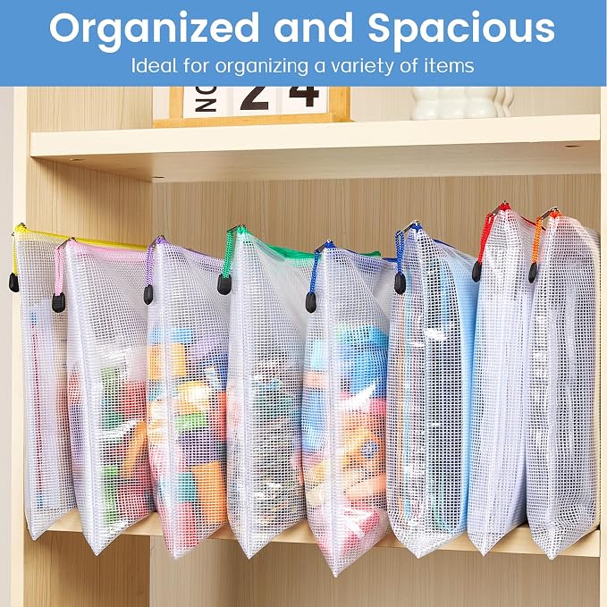 Sooez 24 Pack Mesh Zipper Pouch with Sticky Labels, A4 Mesh Bags, Sturdy Letter Size File Folders Organizer, Office School Classroom Supplies, Toy Storage Bag Board Game Puzzles Organization, Black