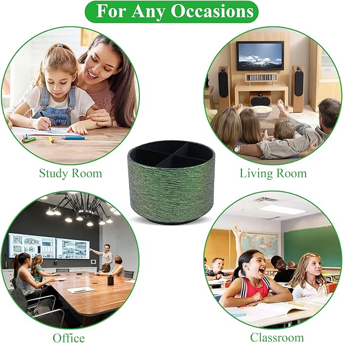 Round Leather Art Supply Organizer,Remote Control Holder,360-degree Rotating Pen Organizer with 4 Compartments(1-Light Tree Green)