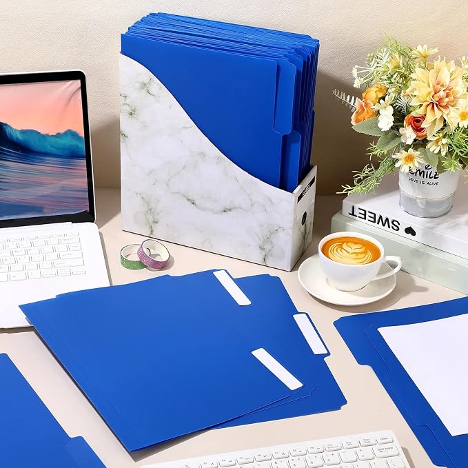 48 Pack Colored Plastic File Folders with Tabs and Sticky Labels Sturdy 1/3 Cut Tab Manila File Folders Letter Size 8. 5 x 11 Inch for Office Home Supplies Organizer Documents(Blue)