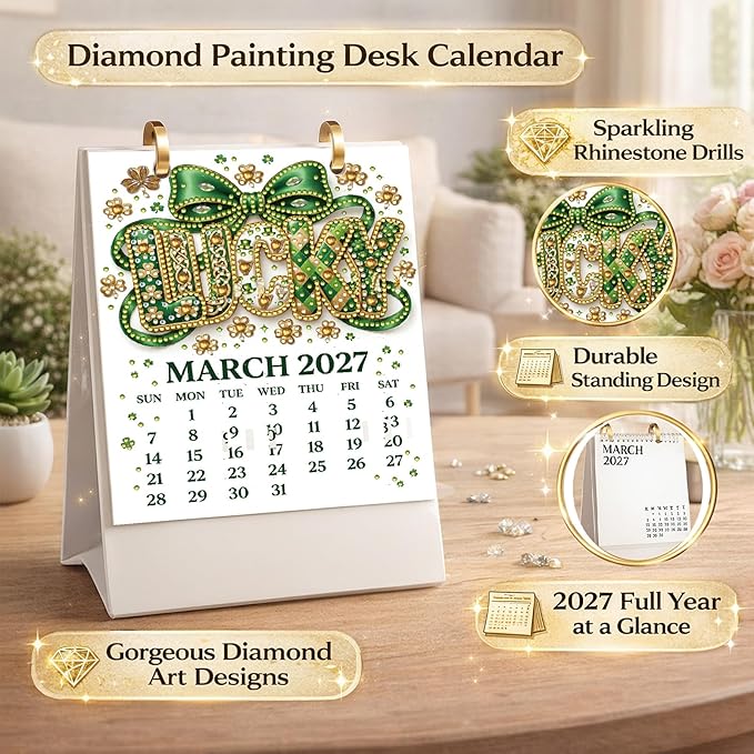 2027 Standing Desk Calendar DIY Diamond Art Painting Monthly Flip Dates Holiday Double-Sided Pattern Tabletop Calendars Diamond Art Craft Supplies Planner Office Home-Holiday