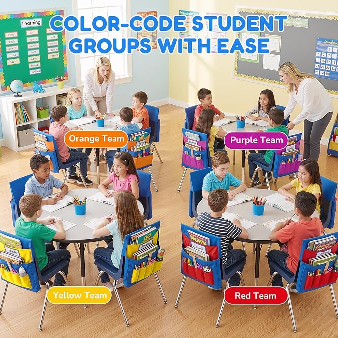 Joycat 12 Pack Classroom Chair Pockets for School, 6 Pocket Student Storage Organizer with Name Tag Holder, Colorful Chair Bags for Classroom & Homeschool Supplies