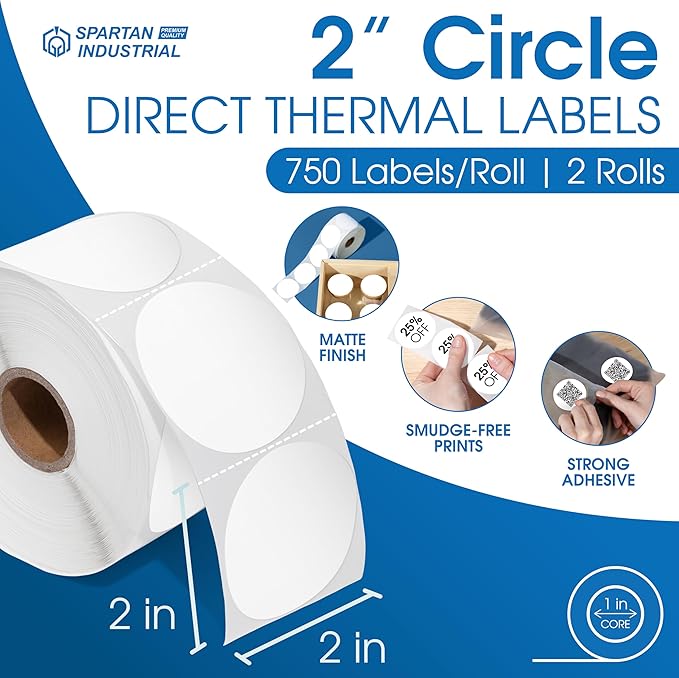 Spartan Industrial - 2" Circle Direct Thermal Labels (1500 Count, 2 Rolls) - Round Thermal Stickers, 2 Inch Circle Labels for Logos, Packaging, Branding - Compatible with Zebra and Rollo Printers