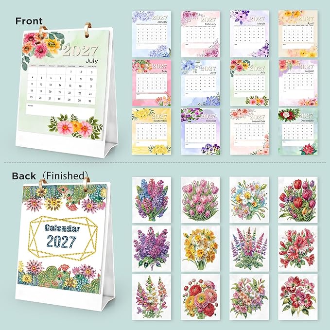 2027 Standing Desk Calendar DIY Diamond Art Painting Monthly Flip Dates Flowers Double-Sided Pattern Tabletop Calendars Diamond Art Craft Supplies Planner Office Home-2027 Flowers