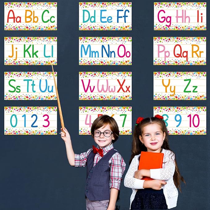12 Pieces Alphabet Bulletin Board Strips Set Alphabet Line ABC Alphabet Banner & Number Border Posters for Preschool Kindergarten Classroom Playroom Bedroom (Confetti)