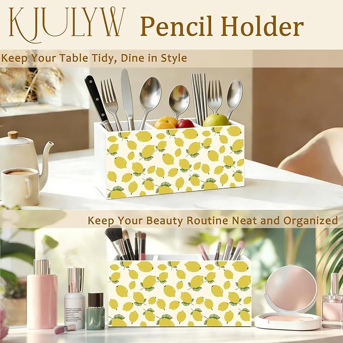Lemon Pen Holder for Desk, Lemon Themed Gifts, Summer Yellow Fruit Wooden Box Pencil Pen Holder Organizer for Home Office Desk Accessories