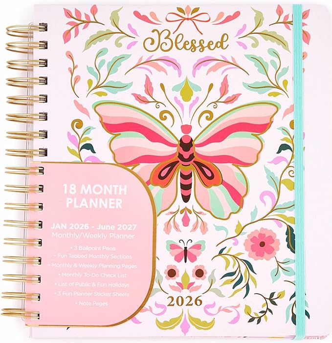 Votum 18 Month Hard Cover Planners/Calendars 10" x 10", January 2026 - June 2027 - Daily, Weekly & Monthly Organizer with Pens, Stickers, and a Sturdy Cover - Blessed