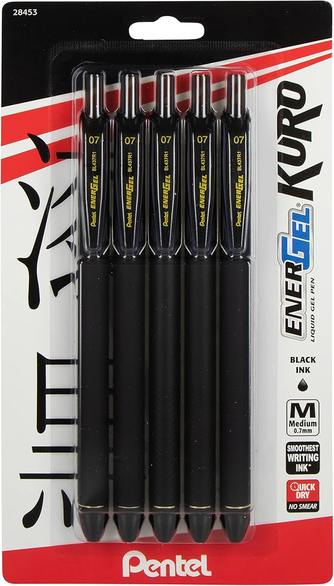 Pentel EnerGel Kuro Liquid Gel Pen, (0.7mm) Medium line, Black Ink, 5 Pack