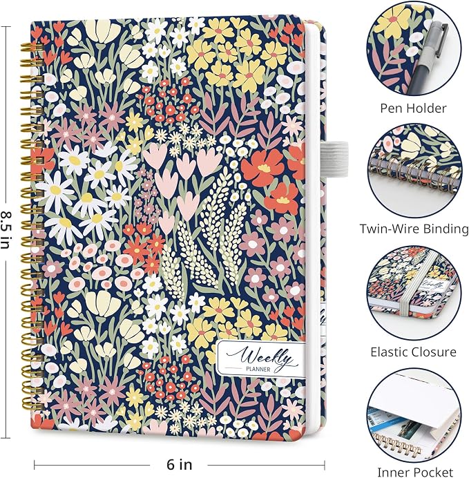 Taja Undated Weekly Planner, Weekly To Do List Notebook with Goal & Habit Tracker Organizer, A5 Weekly Planner Notebook with Spiral Binding, 6.1" x 8.2" - Petite Blooms