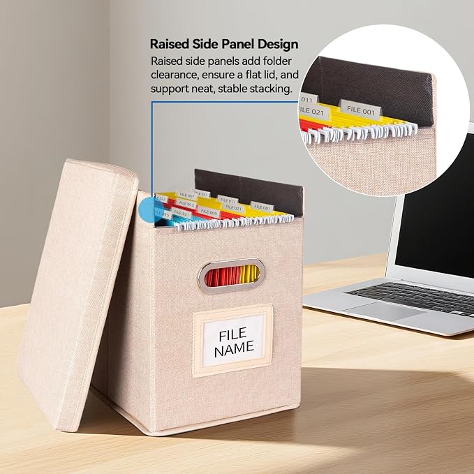2 Pack Hanging File Folders Organizer with Lid, Letter Size Fabric File Storage Box Collapsible, Portable Office Document Holder with Metal Handle, Smooth PVC Rails, Beige
