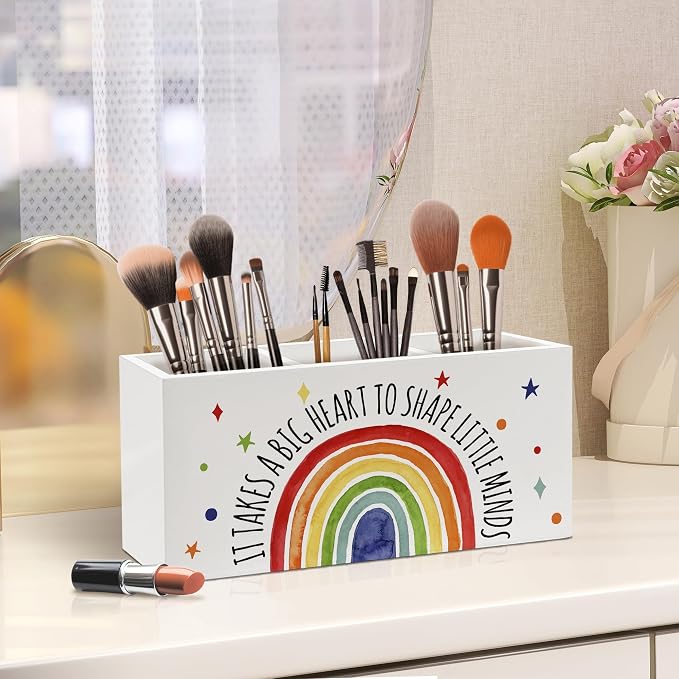 Boho Rainbow Teacher Pen Holder, Teacher Appreciation Gifts Office Pen Pencil Holder Organizer for Desk Accessories, Boho Rainbow Wooden Box Desk Decor for Office Classroom Desk Decorations