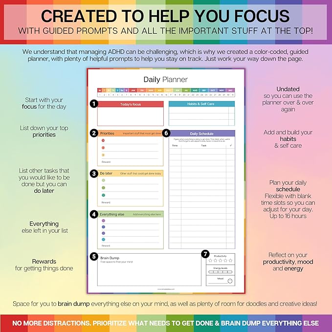 ADHD Daily Planner for Neurodivergent Adults - Productivity Daily Planner & Task Management to Stay Organized and Focused (Colorful)