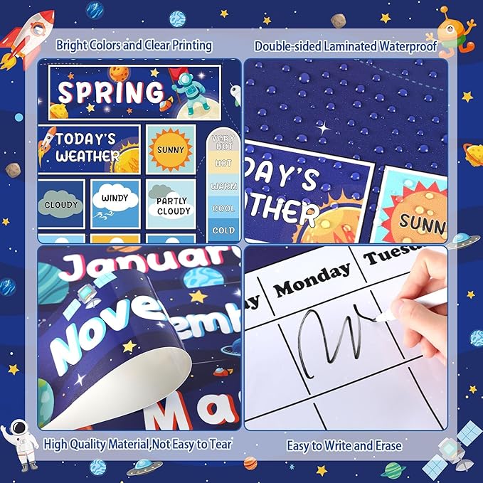 Space Calendar Bulletin Board Set for Classroom Decoration Outer Space Calendar Seasons Weather Chart Rocket Astronaut CTP Bulletin Board Paper-Cuts for Teachers Elementary School Classroom