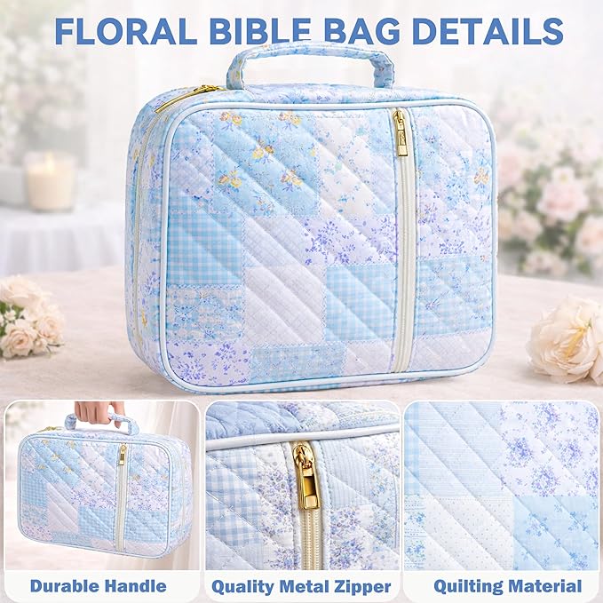 Bible Bag for Women, Bible Cover Case with Study Supplies,Large Quilted Bible Bag with Handle and Zipper, Suitable for Christian Books-Christian Gift for Girls(Blue Patchwork Flowers)