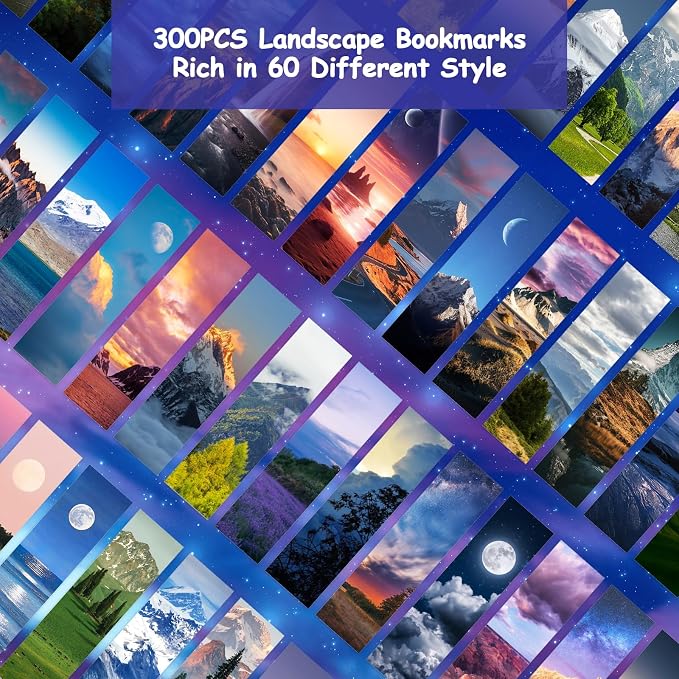 300PCS Landscape Bookmarks for Kids Classroom: 60 Designs, Cool Landscape Bookmarks, Cute Book Mark, Double Sided, for Book Lovers, Students, Children, Rewards, Gifts