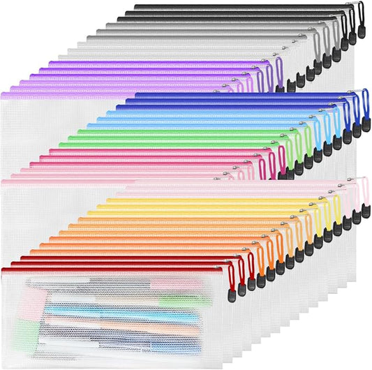 EVERECO 45pcs Small Zipper Pouch, 9.3 x 4.5 Inches PVC Mesh Zipper Pouches in 15 Colors, Bill Size Waterproof Pouches for Organizing, Board Game Storage, Office Supplies and Travel