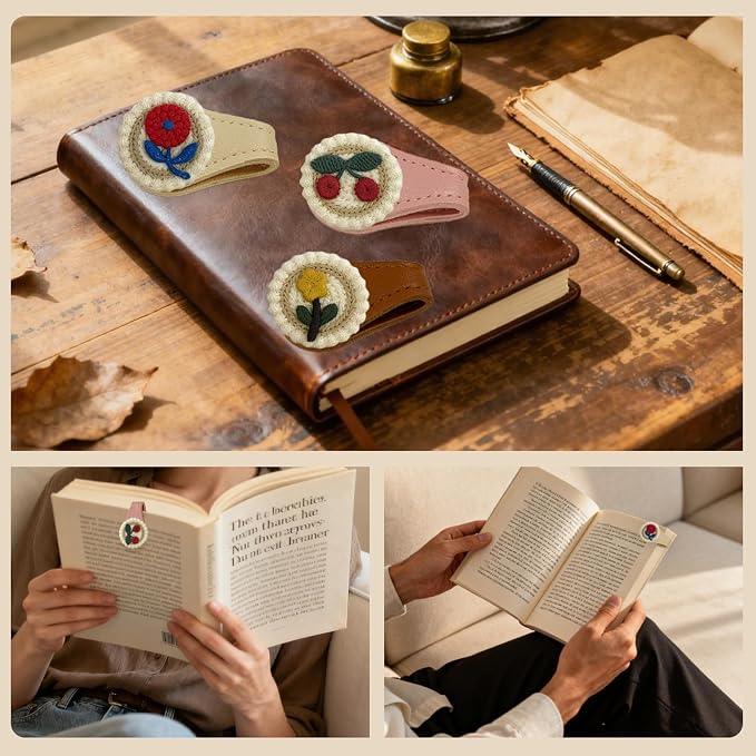 3Pcs Magnetic Leather Bookmark Set, Embroidery Magnetic Bookmarks Clips for Book Lovers Reading, Book Accessories(Flowers)