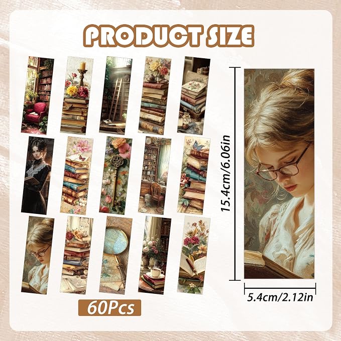 60PCS Vintage Library Bookmarks for Women, Aesthetic Book Mark for Reading Women Girls, Paper Page Markers Bulk, Cute Bookish Gifts for Book Lovers Teens Kids Classroom Office Library Supplies