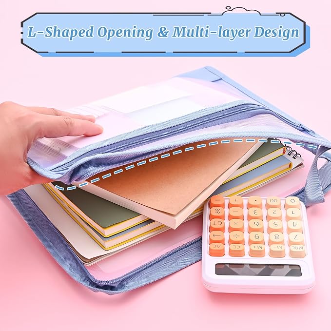 Mesh Zipper Pouch Bag with Handle, A4 Sized Double-Layer Clear Nylon Document Bags with Label, 14 x 10 in File Storage Organizer for School Office Travel Supplies (Blue)