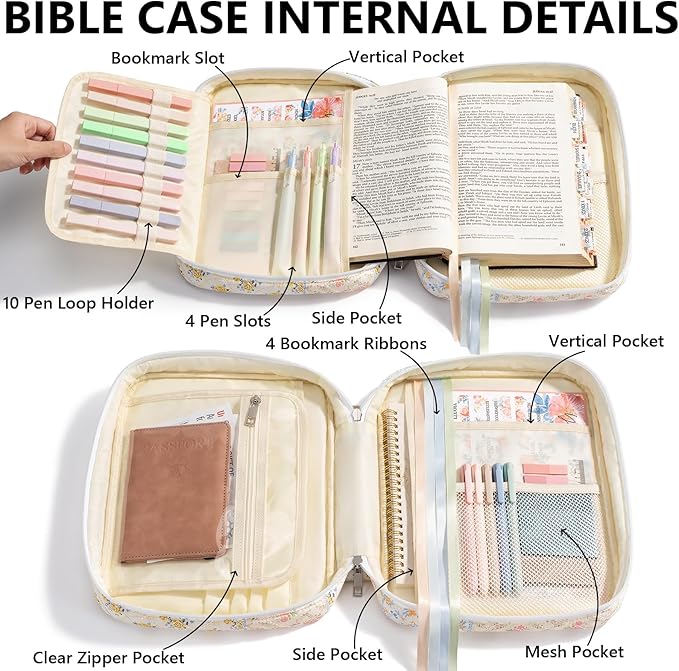 Bible Cover Case for Women Large Bible Bag, Bible Study Supplies Journaling Kit Quilted Church Bag with Handle, Puffer Book Carrying Case w/Tabs Accessories Mothers Day Christian Gifts for Women Mom