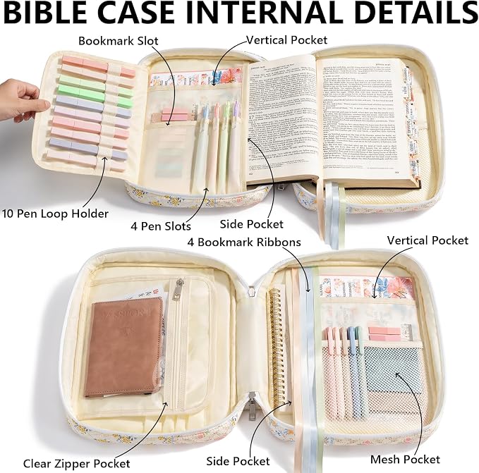 Bible Cover Case for Women Large Bible Bag, Bible Study Supplies Journaling Kit Quilted Church Bag with Handle, Puffer Book Carrying Case w/Tabs Accessories Kit Christmas Christian Gifts for Women Mom
