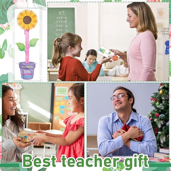 Fuyoooo 50 Set Teacher Appreciation Pens Bulk Thank You Gift Thank You for Helping Me Grow Inspirational Ballpoint Pens with Cards for School Office Supplies(Flowerpot)