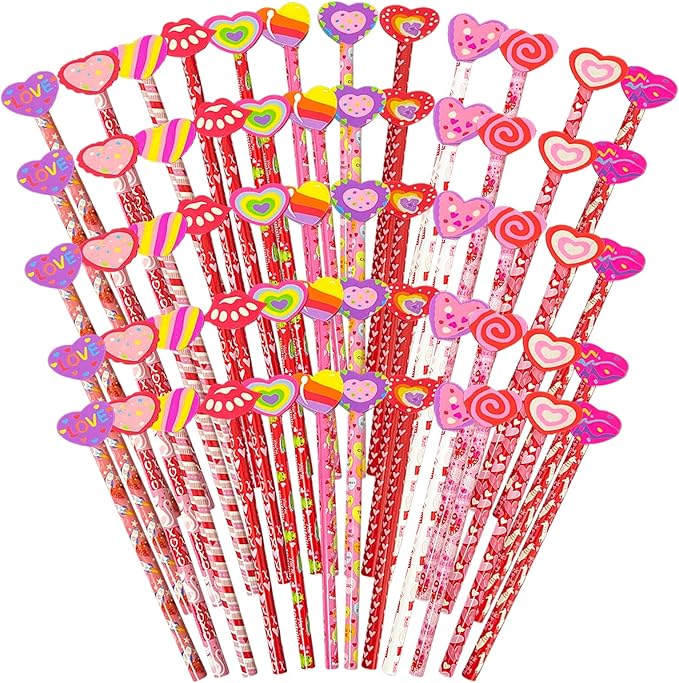 60 Pieces Valentine's Day Pencils Valentines Pencils with Giant Eraser Assortment Valentines Day Stationery Pencil,12 Style(60)