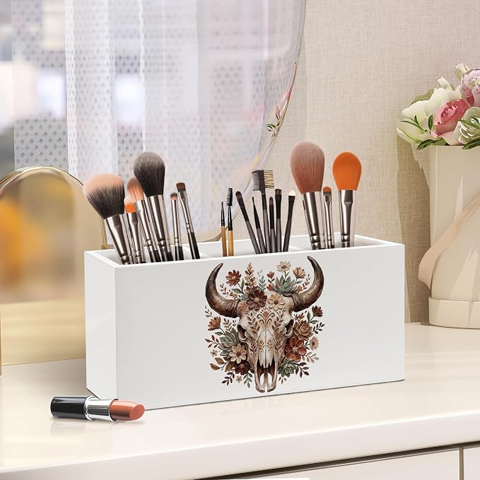 Boho Floral Western Bull Skull Pen Holder, Boho Western Office Pen Pencil Holder Organizer for Desk Accessories, Whimsical Bull Skull Wooden Box Desk Decor for Home Office Desk Decorations